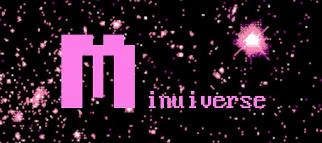 le texte Minuiverse sur fond de ciel étoilé rose et pixelisé
